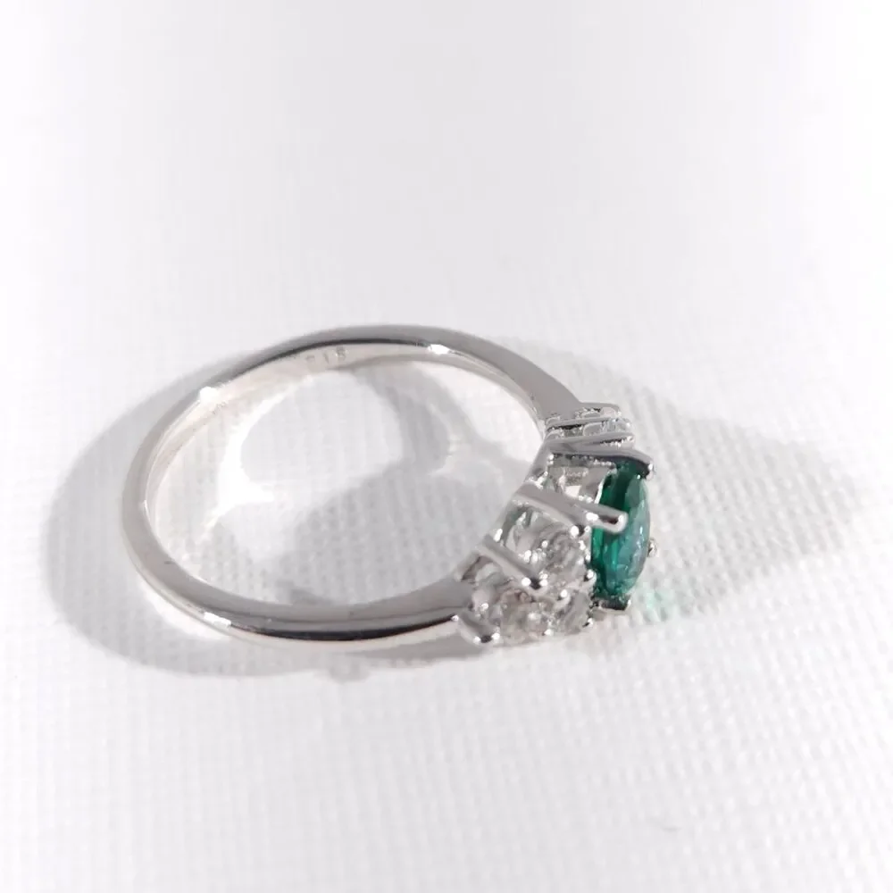 Emerald and White Topaz Ring Sterling Silver Size 5-1/4